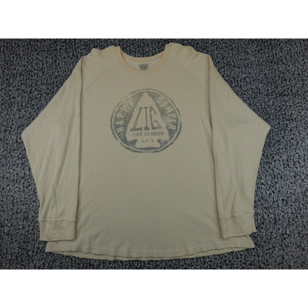 Life is Good Thermal Shirt Mens XXL Beige Happy Camper Waffle Knit Organic
